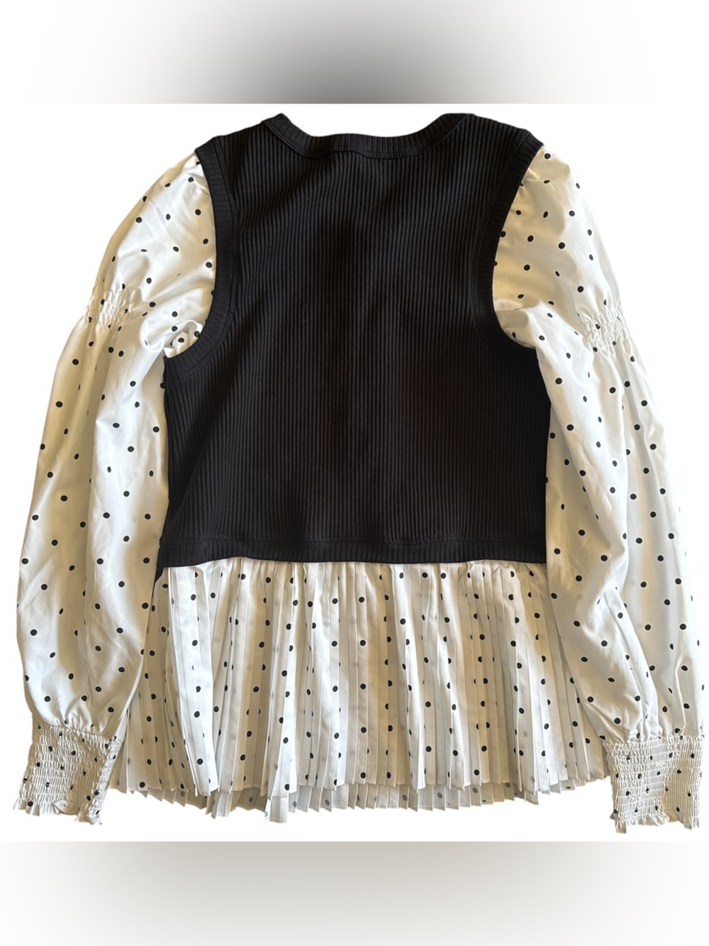 Anthropologie Black Knit Bodice with White Polka Dot Sleeves Blouse